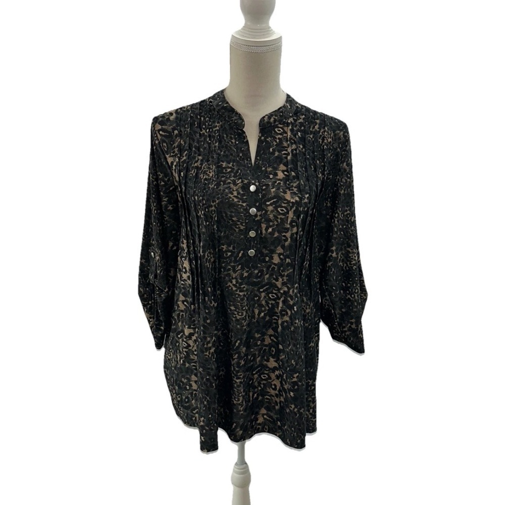 Notations Women's Plus 1X Black and Brown Patterned Top
